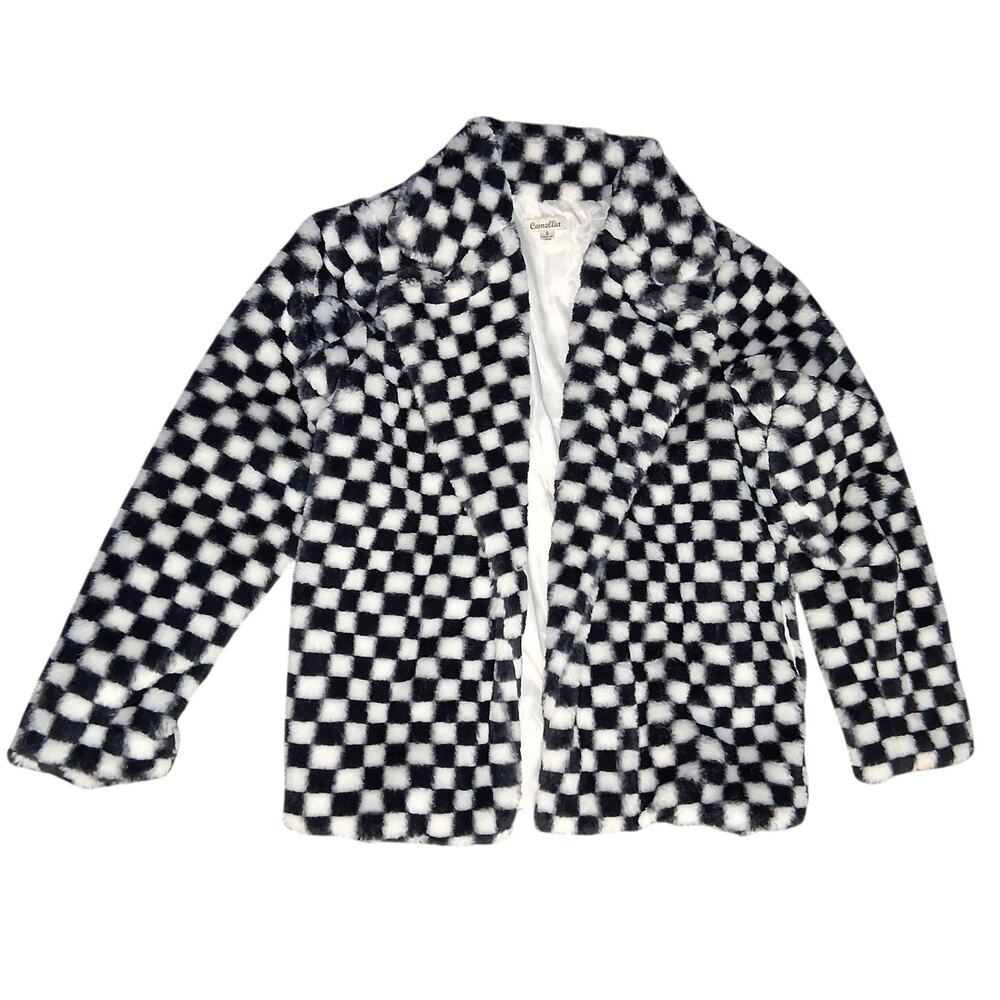 Camellia Checkerboard Black & White Fuzzy Coat Size S Small Fluffy Soft Faux Fur